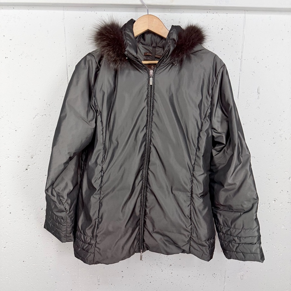 Moncler Women’s Size 5 XL Shimmering Green Fox Fur Trim Jacket